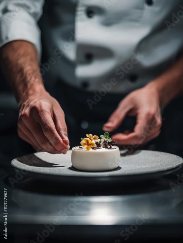 A chef meticulously garnishes a dessert on a plate, showcasing culinary artistry and attention to detail in an elegant setting.