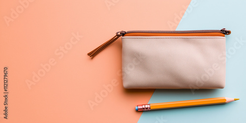 Pencil case and pencil lying on two tone background with copy space. Copy space, banner photo