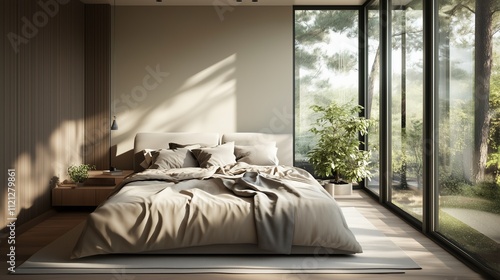 Minimalist bedroom with sleek lines, a cozy bed with soft linens, and natural light flooding in through large windows, emphasizing simplicity and comfort.