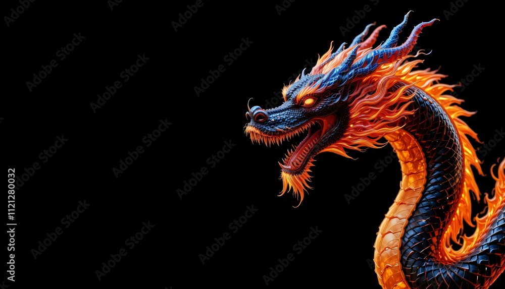 Chinese Fire dragon on a black background. Generative AI Illistration of ancient asian dragon on black background. Dragons background. Place for text., Generative Ai Chinese Fire dragon on a black background. Generative AI Illistration of ancient asian dragon on black background. Dragons background. Place for text., Generative Ai