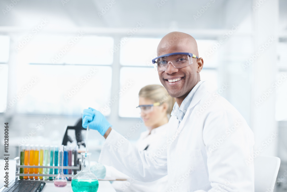 Beaker, happy man and portrait of scientist in lab for science breakthrough, clinical trial or discovery. Glasses, medical or vaccine research with color, chemical substance or confidence for cure Beaker, happy man and portrait of scientist in lab for science breakthrough, clinical trial or discovery. Glasses, medical or vaccine research with color, chemical substance or confidence for cure