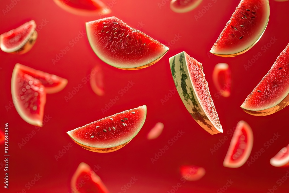Watermelon slices floating on a bright red background isolated Watermelon slices floating on a bright red background isolated