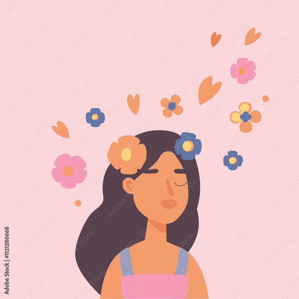 Girl with flowers in her hair. Vector illustration in flat style. Girl with flowers in her hair. Vector illustration in flat style.