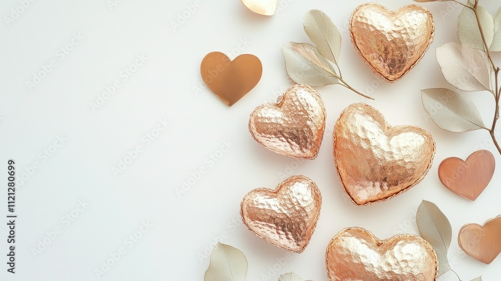 Beautiful rose gold and gold heart decorations, laid artistically on a clean, light background for a romantic look Beautiful rose gold and gold heart decorations, laid artistically on a clean, light background for a romantic look