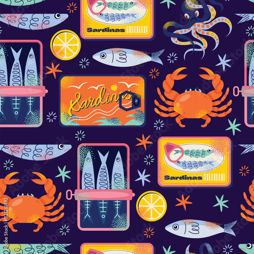 Seamless pattern of orange crabs and lemon slices on background. Flat vector illustration. Seafood and culinary concept. Design for wallpapers, textiles, and packaging.