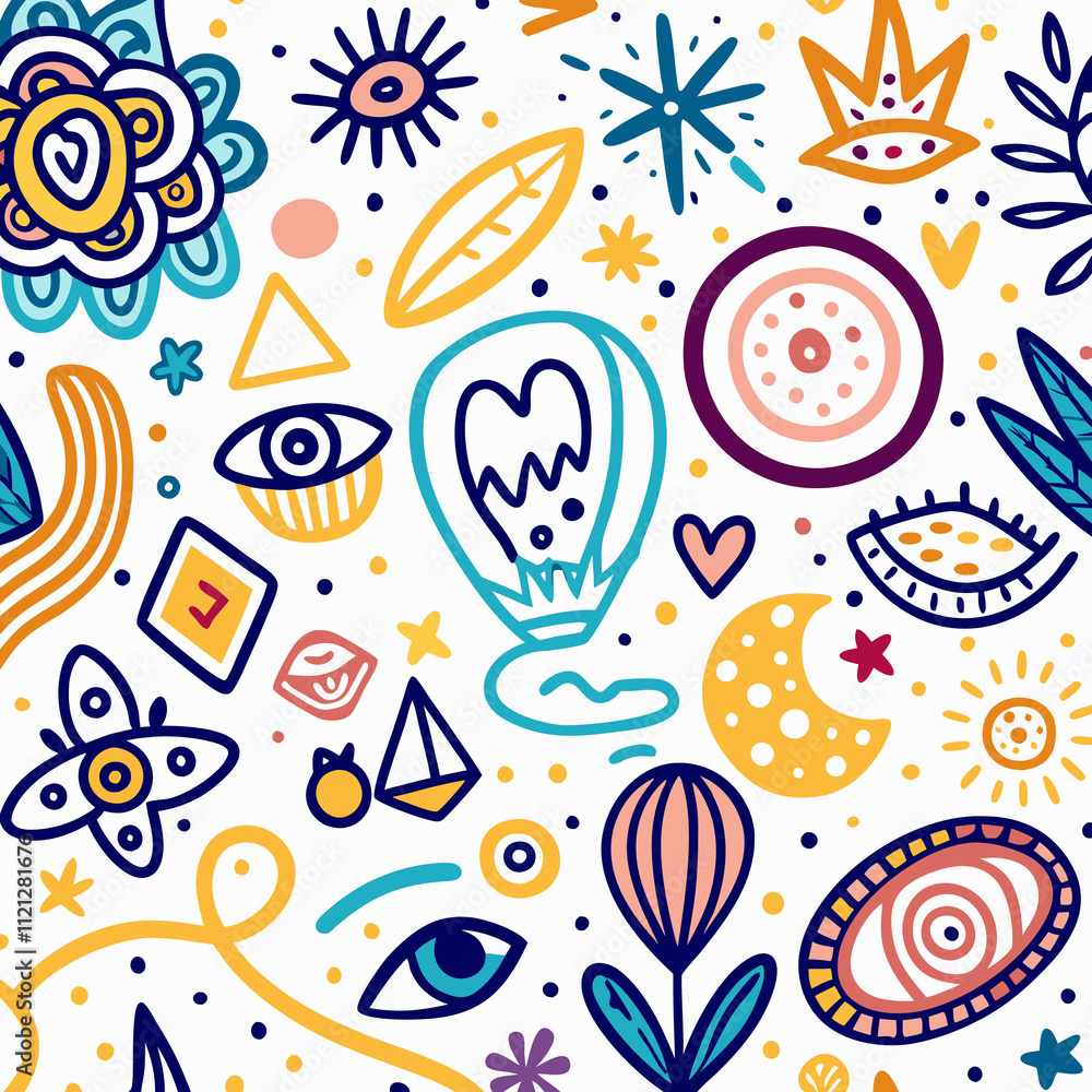 Whimsical hand-drawn pattern with eyes, flowers, and abstract shapes on white background. Whimsical hand-drawn pattern with eyes, flowers, and abstract shapes on white background.