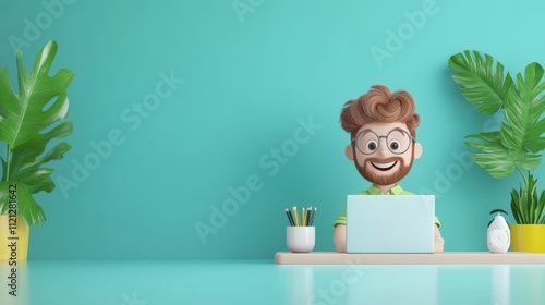 Cheerful cartoon character working on laptop in modern workspace with green plants and vibrant background