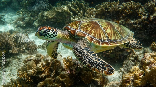 Swimming turtle in vibrant coral reef underwater photography marine environment close-up view