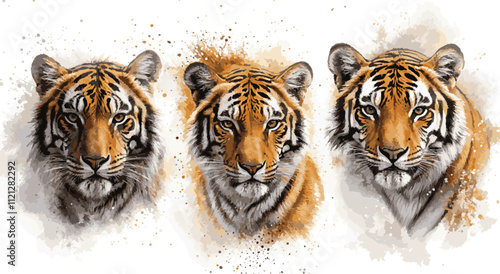Majestic Tiger Trio: Watercolor artistry captures three regal tigers, their intense gazes and powerful presence creating a captivating triptych.