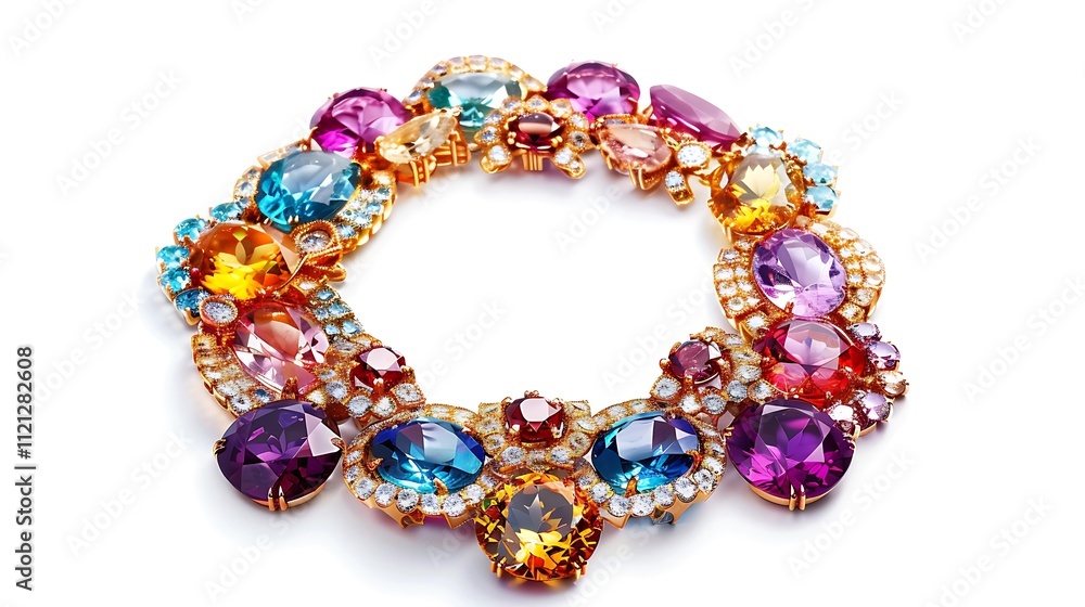 A colorful gemstone necklace arranged in a circular pattern on a white background. A colorful gemstone necklace arranged in a circular pattern on a white background.