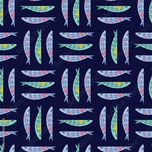Seamless pattern of orange crabs and lemon slices on background. Flat vector illustration. Seafood and culinary concept. Design for wallpapers, textiles, and packaging.