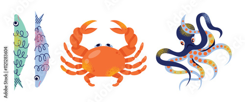 Sardines, seafood packaging, crab, octopus, and lemon slices. Flat vector graphics illustration isolated on white background. Seafood and marine life concept. Design for posters, stickers, and package