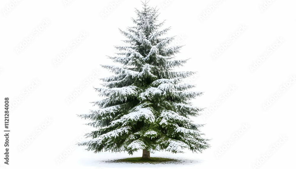 A snow-covered evergreen tree stands alone against a white background. A snow-covered evergreen tree stands alone against a white background.