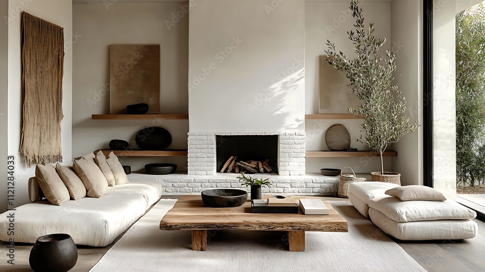 A neutral minimalist living room featuring a rustic barn wood coffee table as the centerpiece, a white brick fireplace as the focal point, lush green plants on floating wooden shelves, A neutral minimalist living room featuring a rustic barn wood coffee table as the centerpiece, a white brick fireplace as the focal point, lush green plants on floating wooden shelves,