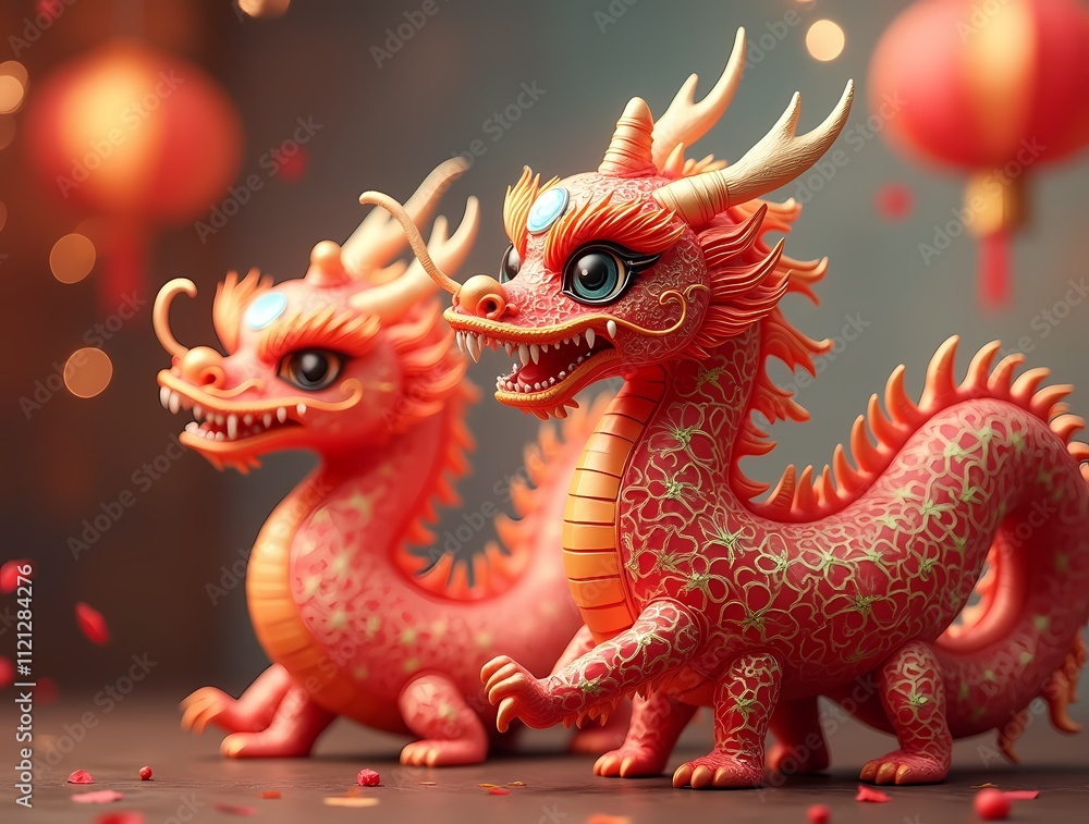 Fototapeta premium Vibrant Chinese New Year, Dragons, Fireworks, Traditional Costumes