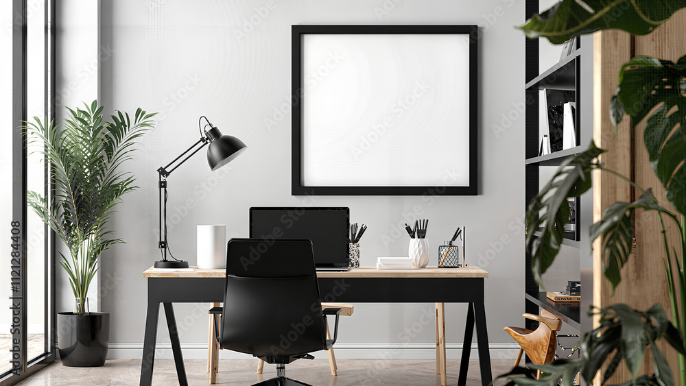 A black office chair sits in front of a white framed picture. Generative AI A black office chair sits in front of a white framed picture. Generative AI