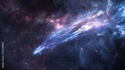 A comet with a glowing tail streaking through space, leaving a bright trail behind.