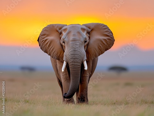 African Elephant at Sunset: Majestic African elephant standing in the savannah at sunset.  The warm golden light illuminates the elephant's powerful presence. photo