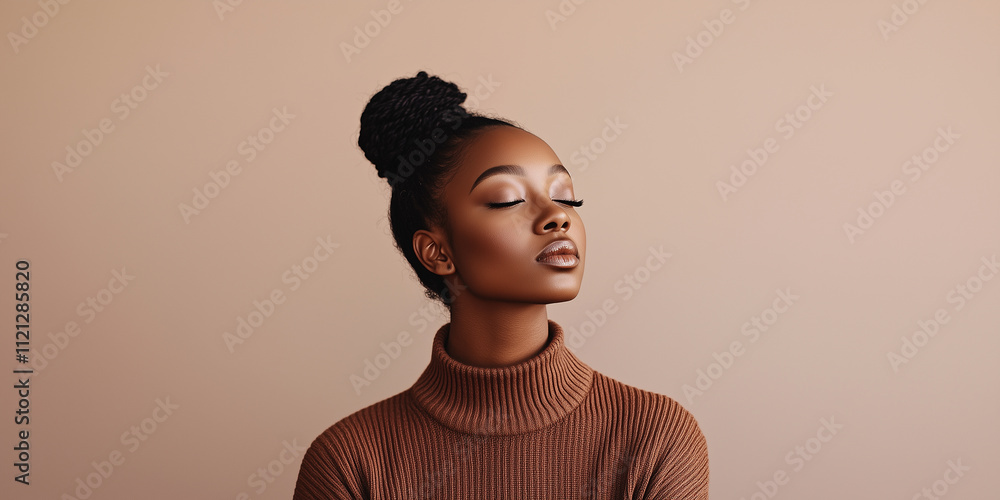 Young african woman posing with mocha mousse background color trend 2025. Copy space, banner Young african woman posing with mocha mousse background color trend 2025. Copy space, banner