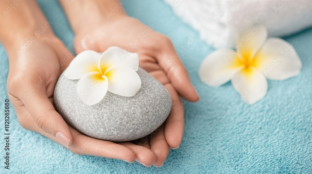 Tranquil Spa Setting with Hands Holding Smooth Stone and Flower Decoration Tranquil Spa Setting with Hands Holding Smooth Stone and Flower Decoration