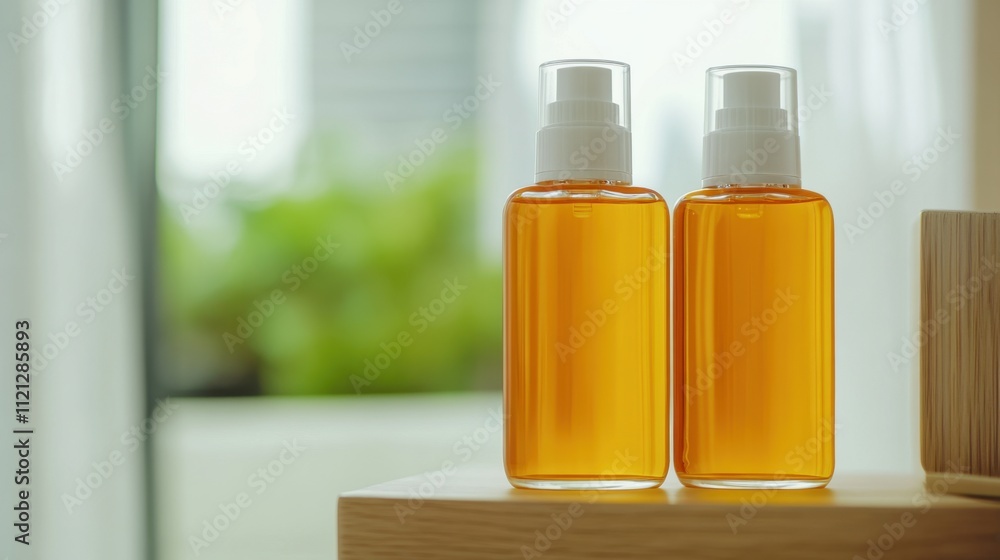 Two Glass Bottles of Amber Liquid with Pump Tops on Wooden Table Two Glass Bottles of Amber Liquid with Pump Tops on Wooden Table