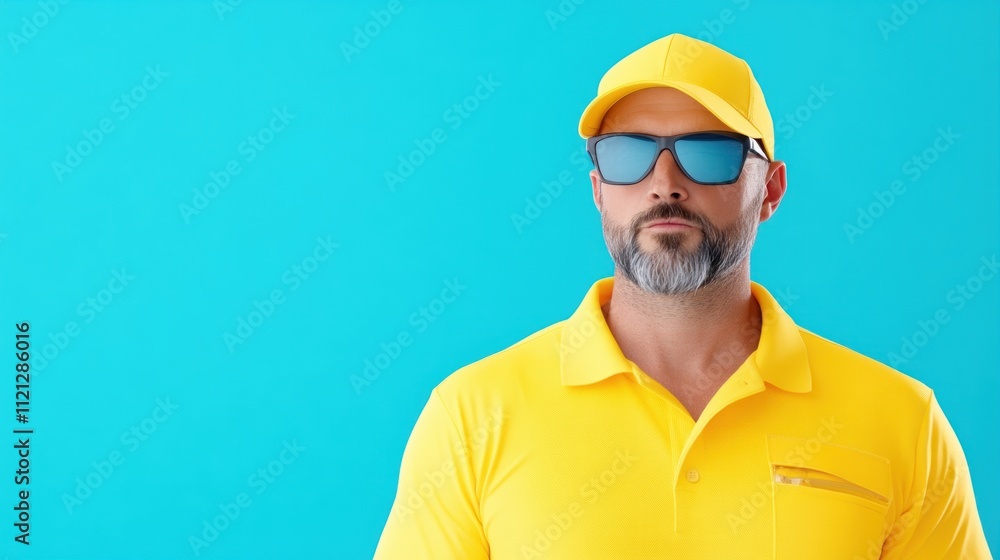 Man in yellow attire with sunglasses against a blue background. Man in yellow attire with sunglasses against a blue background.