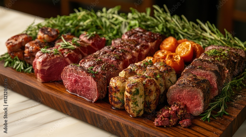 A platter of assorted cuts of grilled meat, including filet mignon, ribeye, and New York strip, served with roasted tomatoes and rosemary sprigs. A platter of assorted cuts of grilled meat, including filet mignon, ribeye, and New York strip, served with roasted tomatoes and rosemary sprigs.