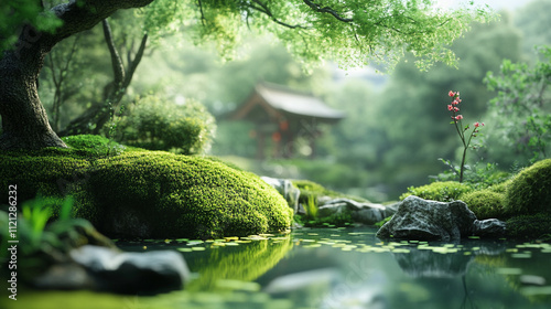 Serene Japanese Garden Pond  Moss  Trees  Zen