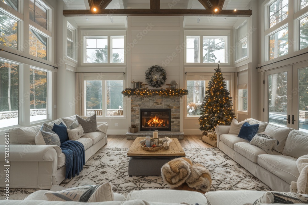 Cozy living room with fireplace and Christmas tree. Home is filled with white furniture and warm and inviting atmosphere Cozy living room with fireplace and Christmas tree. Home is filled with white furniture and warm and inviting atmosphere