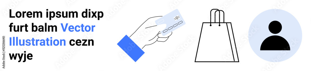 Text featuring placeholder text, hand holding credit card, shopping bag, user icon. Ideal for online shopping, digital payment, e-commerce platforms, user accounts, retail website design mobile Text featuring placeholder text, hand holding credit card, shopping bag, user icon. Ideal for online shopping, digital payment, e-commerce platforms, user accounts, retail website design mobile