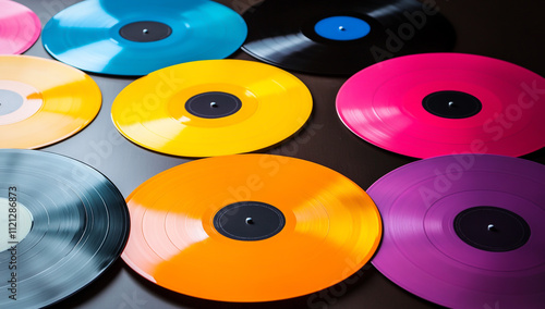 Brightly colored vinyl records placed on a dark wooden floor. photo