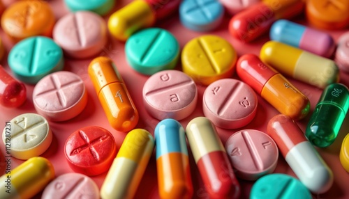 Colorful assortment of pills, capsules. Various shapes, colors. Close-up photo of different medications. Pharmaceutical product display. Health care concept. Medicine variety. Drug treatment. photo