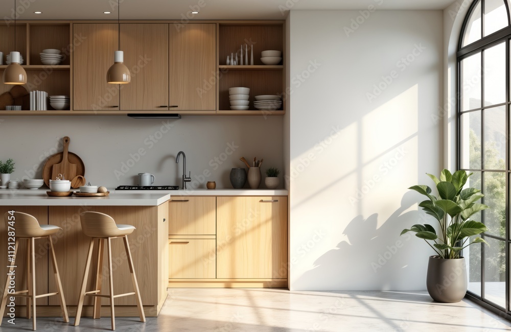 Light beige modern kitchen interior with wooden cabinets, countertop. Bar chairs, kitchenware visible. Bright sunlight streams in from large window. Blank canvas poster mock-up frame on wall. Design Light beige modern kitchen interior with wooden cabinets, countertop. Bar chairs, kitchenware visible. Bright sunlight streams in from large window. Blank canvas poster mock-up frame on wall. Design