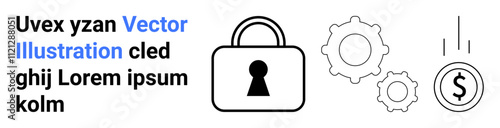 Lock icon symbolizing security next to two gears indicating system functionality and monetary efficiency. Coin falling signifies financial transactions. Ideal for security, finance, technology