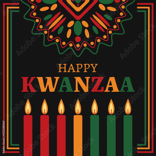 Happy kwanzaa banner with abstract ornament celebrating annual holiday. Vector illustration.