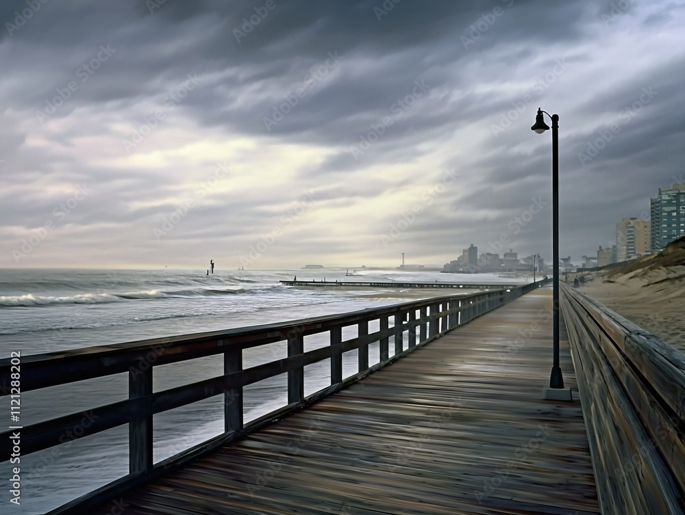 Fototapeta premium Seaside Boardwalk Under Moody Cloudy Skies with Distant Cityscape and Gentle Ocean Waves Creating a Serene and Atmospheric Coastal Scene Capturing Tranquility and Depth 