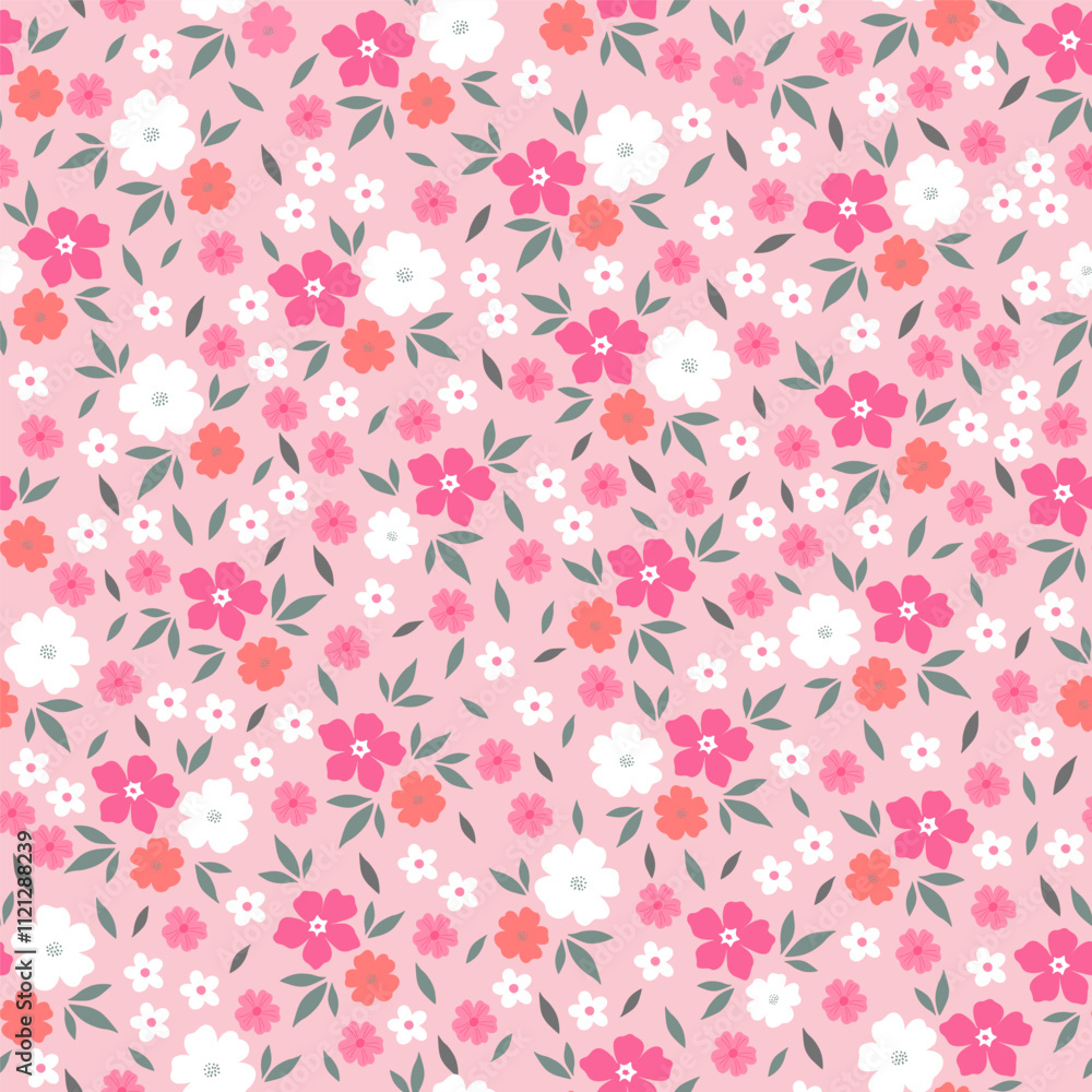 Seamless pattern with small flowers on pink background. Hand drawn floral pattern for your fabric, summer background, wallpaper, backdrop, textile. Vector illustration Seamless pattern with small flowers on pink background. Hand drawn floral pattern for your fabric, summer background, wallpaper, backdrop, textile. Vector illustration