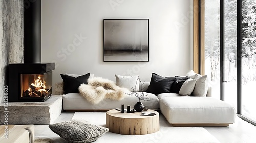 A Scandinavian-inspired living room featuring a light gray corner sofa with natural fur pillows, a sleek stone fireplace glowing warmly, light oak furniture, photo