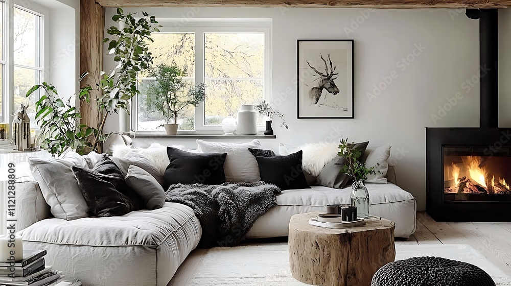 Obraz premium A serene living room with a corner sofa draped in fur accents, surrounded by lush indoor plants, rustic wooden beams, and a softly glowing modern fireplace,