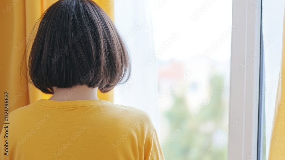 Young Woman in Yellow Shirt Looking Out Window with Natural Light Young Woman in Yellow Shirt Looking Out Window with Natural Light