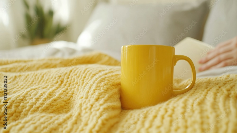 Cozy Morning Scene with Yellow Mug on Soft Knit Blanket and Warm Bed Cozy Morning Scene with Yellow Mug on Soft Knit Blanket and Warm Bed