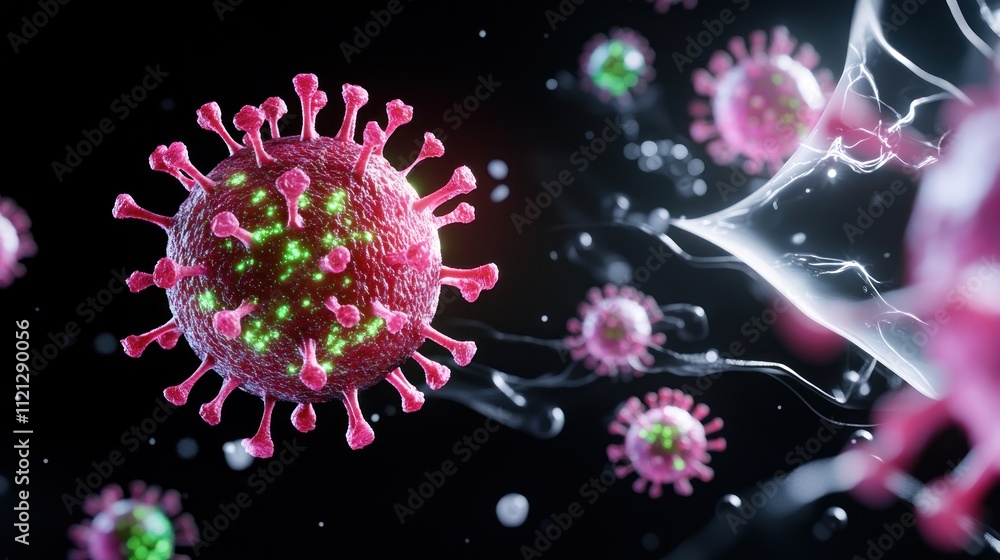 3D illustration of a virus with green highlights and surrounding particles. 3D illustration of a virus with green highlights and surrounding particles.