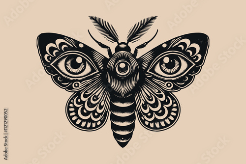 Black-and-white moth butterfly with eye-patterned wings in tattoo art style. vintage vector engraving illustration, print