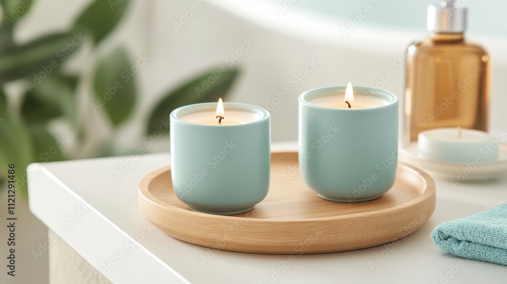 Tranquil Scene with Blue Candles and Relaxing Spa Accessories on Table Tranquil Scene with Blue Candles and Relaxing Spa Accessories on Table