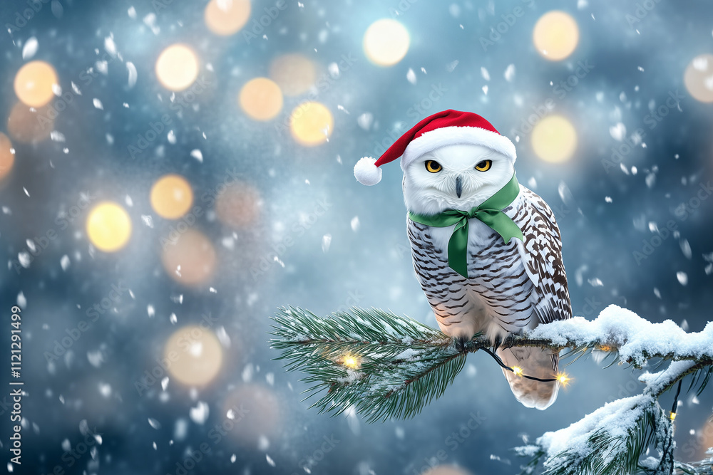 Obraz premium Realistic Snowy Owl with Santa Hat and Green Ribbon on Snowy Pine Branch