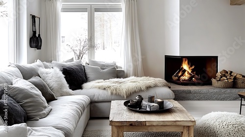 Elegant Scandinavian design with a soft gray corner sofa, fur cushions for texture, a sleek stone fireplace, and oak furniture against a minimalist white backdrop,