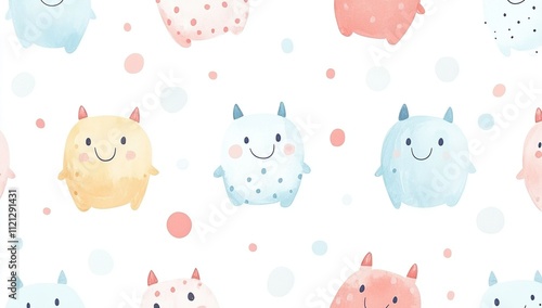 Adorable Watercolor Monsters: Cute Cartoon Creatures with Happy Faces and Pastel Colors, Charming Illustrations Perfect for Kids' Decor