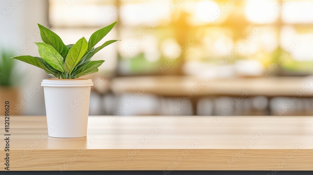 Green Plant in White Pot on Wooden Table with Blurred Background Green Plant in White Pot on Wooden Table with Blurred Background