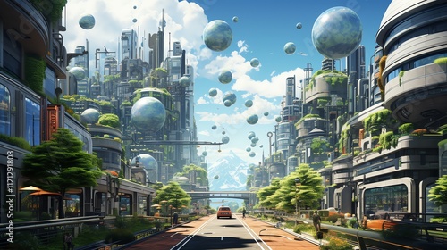Fototapeta Naklejka Na Ścianę i Meble -  Futuristic city street with floating orbs, lush greenery, and a car driving down a road.