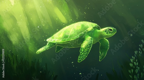 Underwater action swimming green sea turtle in ocean depths artistic illustration serene environment